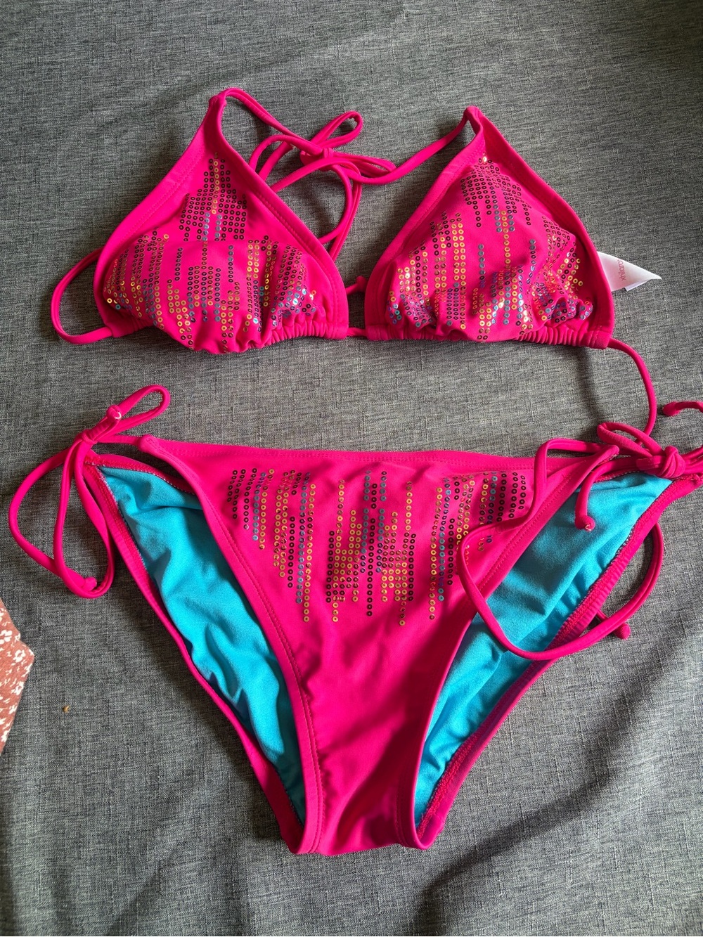 Xhilaration Hot Pink Sequin Bikini Top with Turquoise Accents